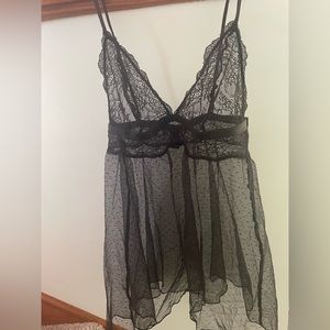Victoria Secrets Babydoll Chemise Lingerie Top Mesh Lace See Through Black